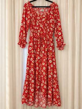 Just Found Floral Midi Dress Size 1X Red Long Sleeve Tie Front